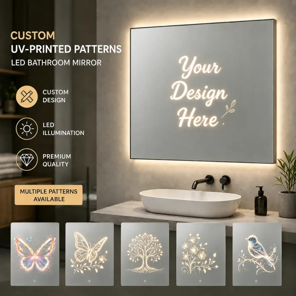 Frameless LED Bathroom Mirror with Touchless Sensor,Custom UV Printed Butterfly Pattern