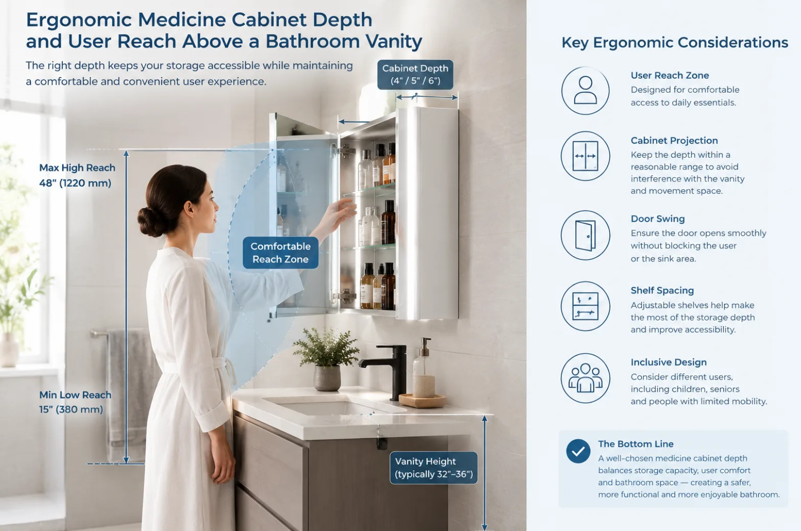 Ergonomic medicine cabinet depth and user reach