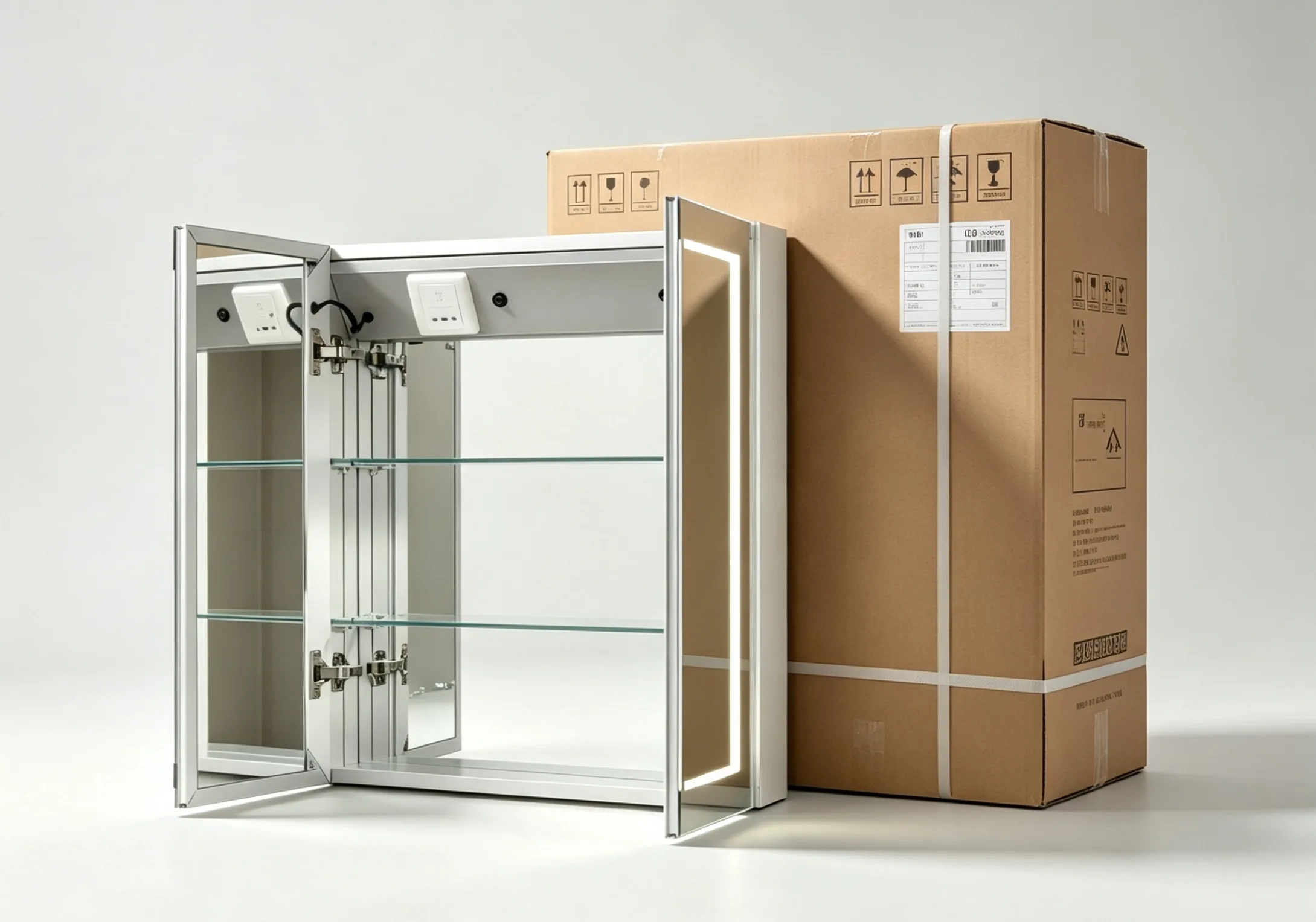 Fully assembled LED mirror cabinet with factory-installed hinges and shelves