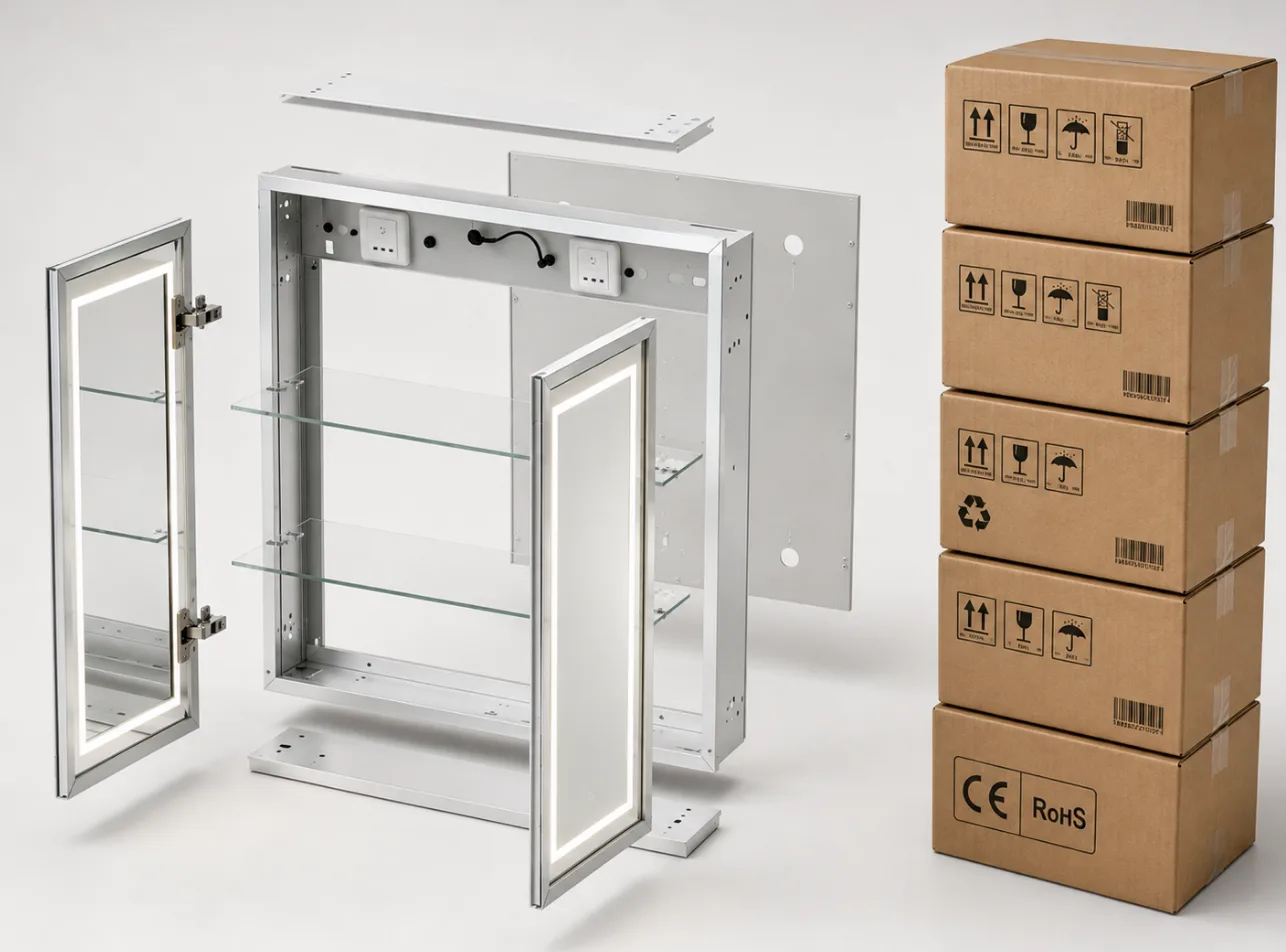 Knock-down mirror cabinet components prepared for flat-pack shipping