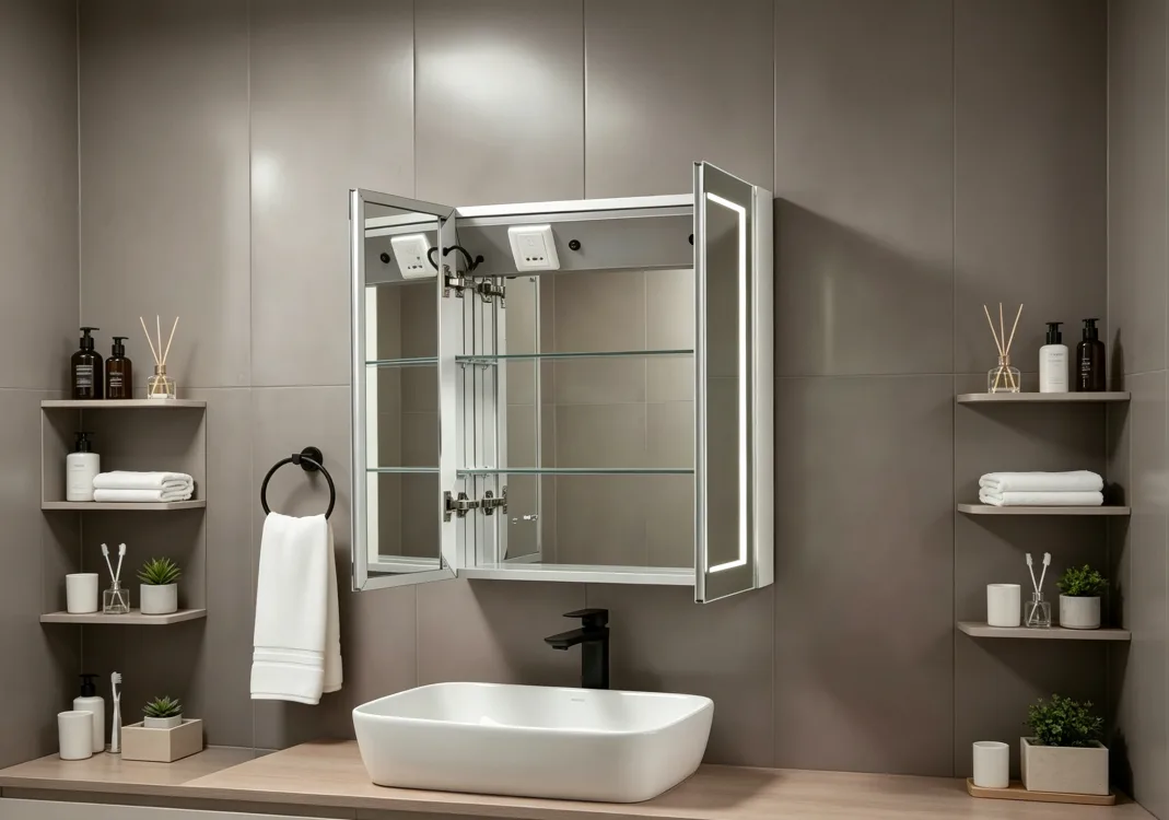 Premium lighted mirror medicine cabinet in a luxury commercial bathroom, highlighting minimalist exterior design.