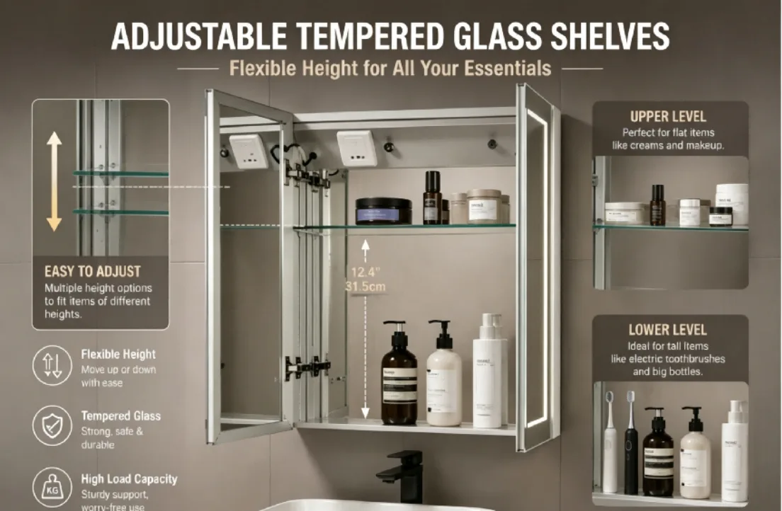 Adjustable tempered glass medicine cabinet shelf holding tall grooming tools, maximizing internal storage volume.