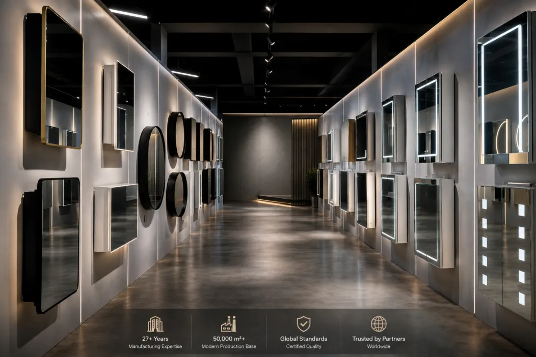 State-of-the-art Aosmay Foshan sanitary ware manufacturing facility producing commercial-grade LED bathroom mirrors and mirror cabinets for global B2B wholesale.