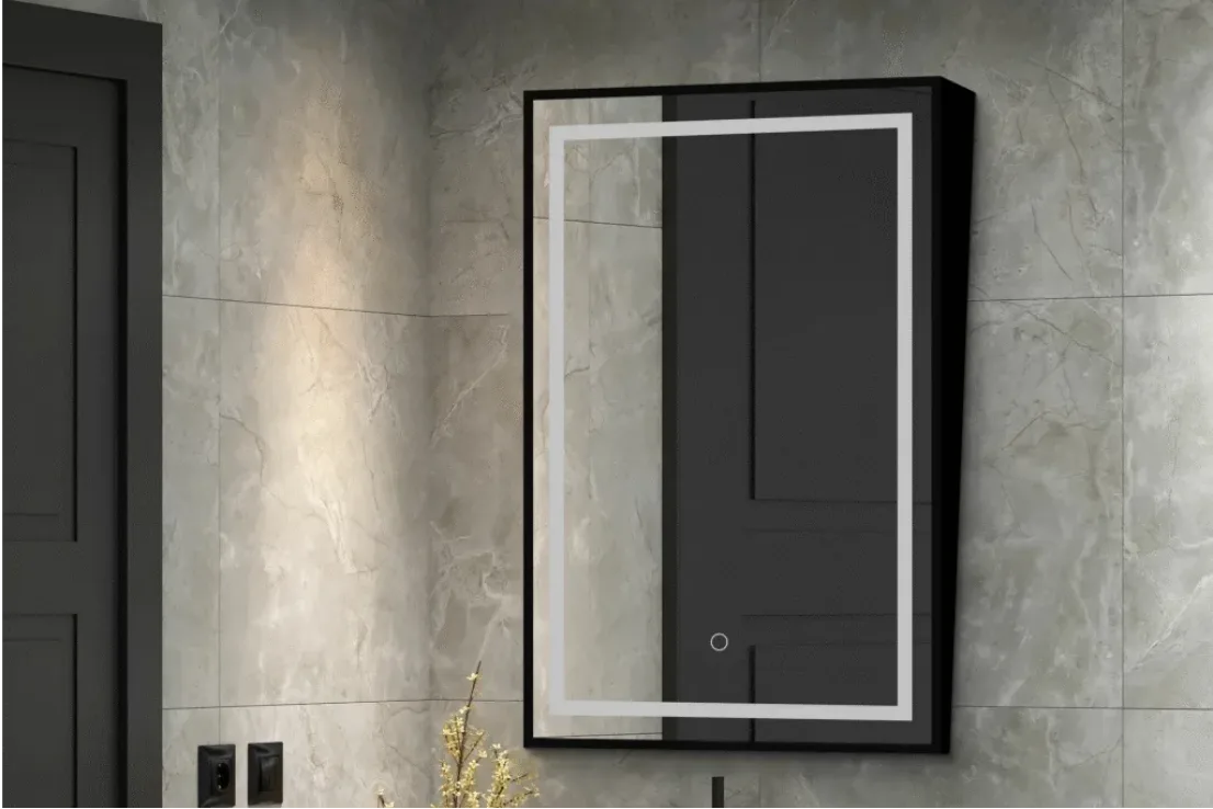 24 x 39 inch black framed mirror bathroom with tilted angle