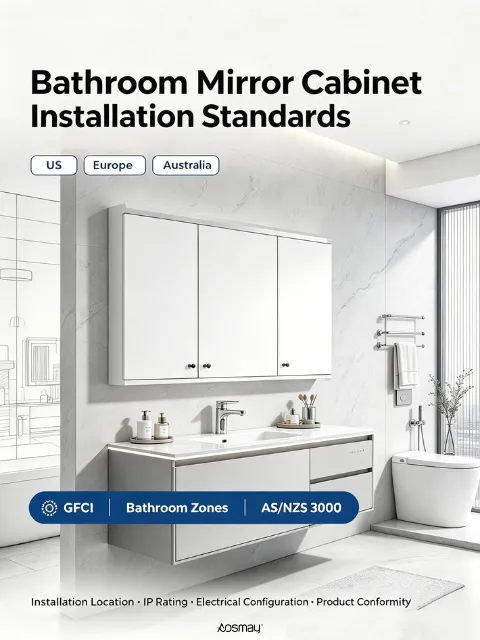Compare bathroom mirror cabinet installation standards in the US, Europe and Australia.