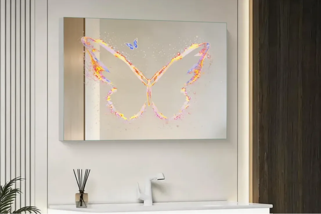 31 × 24 inch frameless LED mirror with UV printed butterfly pattern