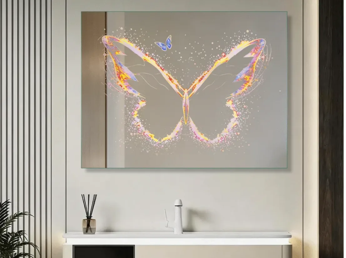 Custom LED mirror with UV printed decorative pattern