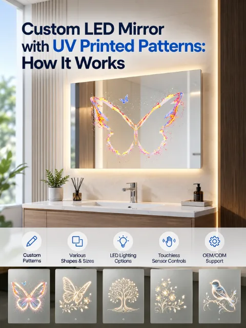 Explore custom LED mirror designs with UV printed patterns, including butterfly, wave and peacock feather styles. Choose framed or frameless options for hotels and projects.