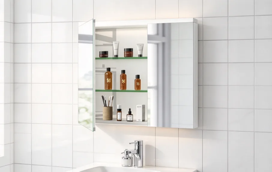 LED mirror cabinet installation in a modern Middle East hotel bathroom