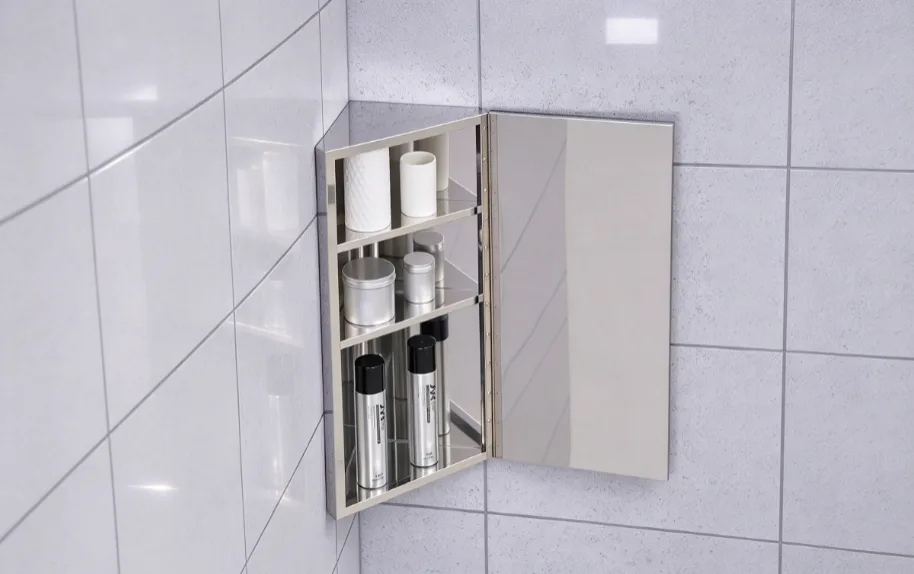 Corner mirror cabinet in a compact bathroom project