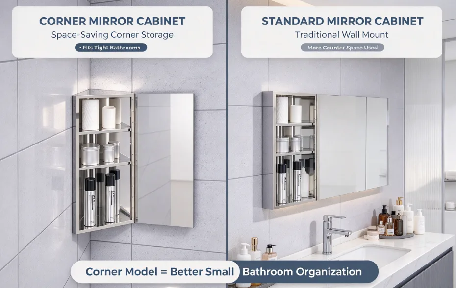 Corner mirror cabinet and standard mirror cabinet layout comparison